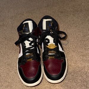 Jordan Women's Sneakers in Burgundy, Black, and Gold